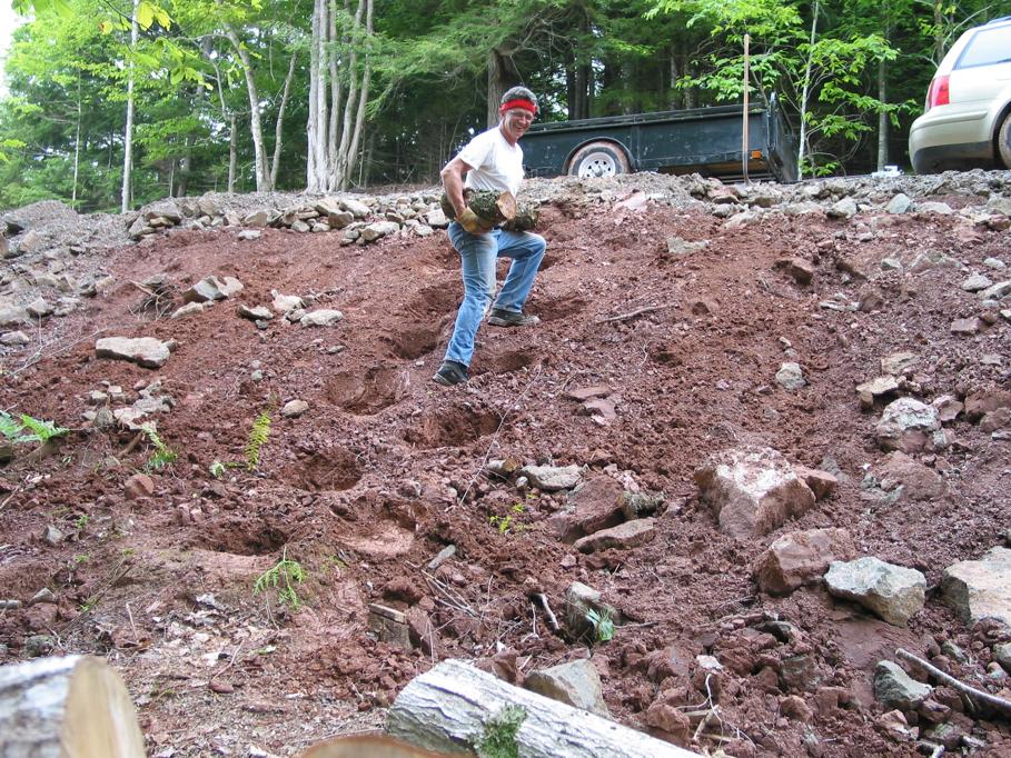 12 step program for rescuing NS Power's easement firewood. The roadway was raised 11' in this area below my Jetta wgn. That's jayöh sporting his Chinese made sweat band. Mao would've approved of its red colour . . . I believe!