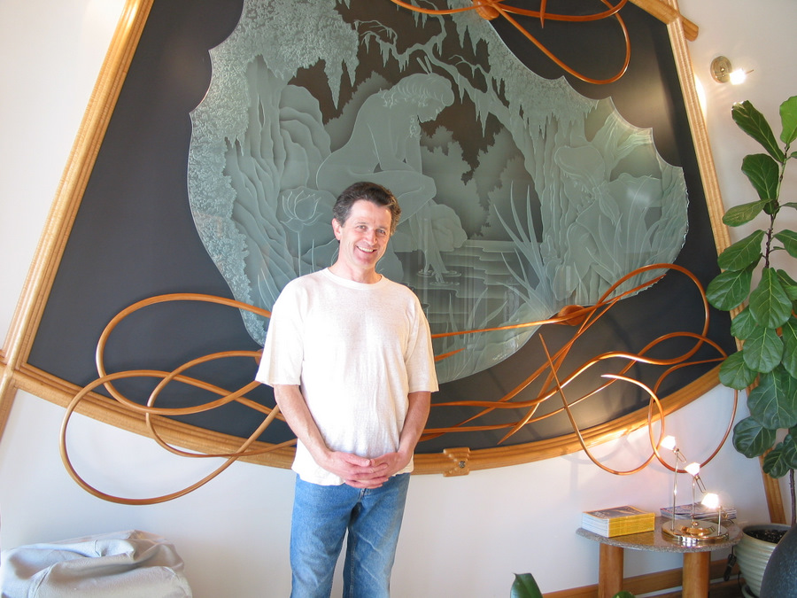jayöh with plate glass sculpture in curly maple and curly cherry, circa 2003